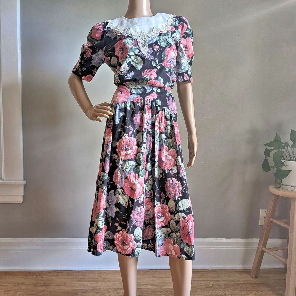 Vintage 80s Jodi Michaels Floral Midi Dress Cottagecore Prairie Twee Size 9/10